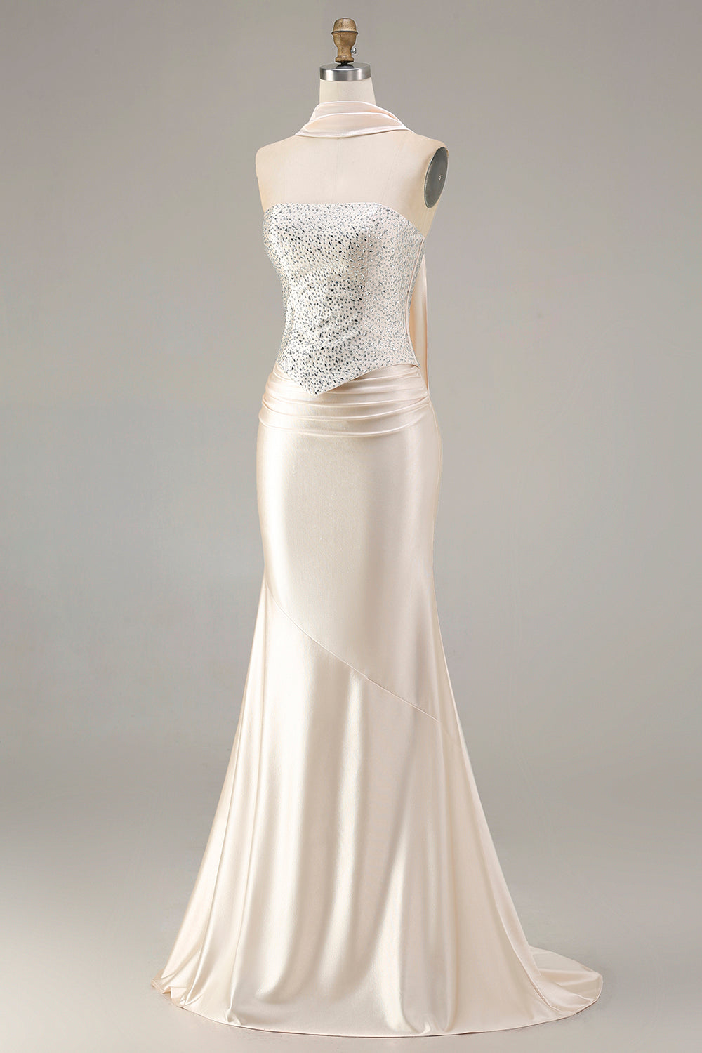 Sparkly Champagne Neck Scarf Mermaid Long Prom Dress with Beading