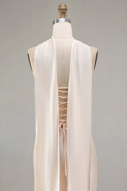 Sparkly Champagne Neck Scarf Mermaid Long Prom Dress with Beading