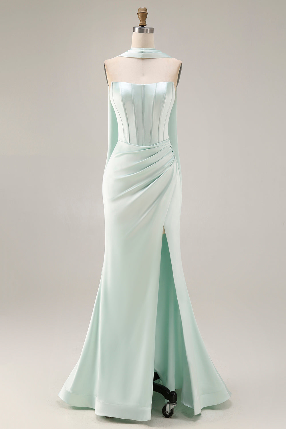 Light Green Neck Scarf Mermaid Corset Long Prom Dress with Slit