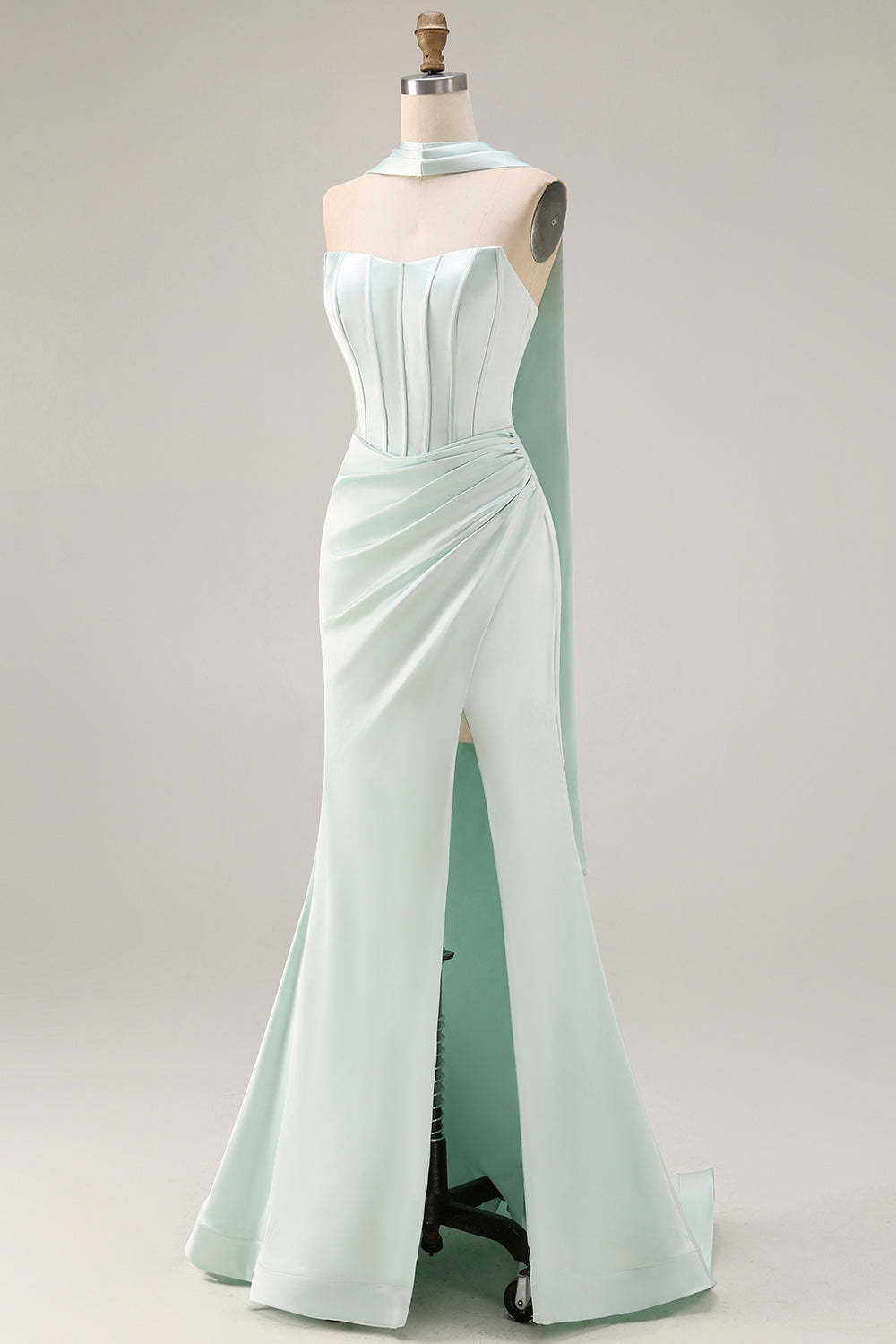 Light Green Neck Scarf Mermaid Corset Long Prom Dress with Slit