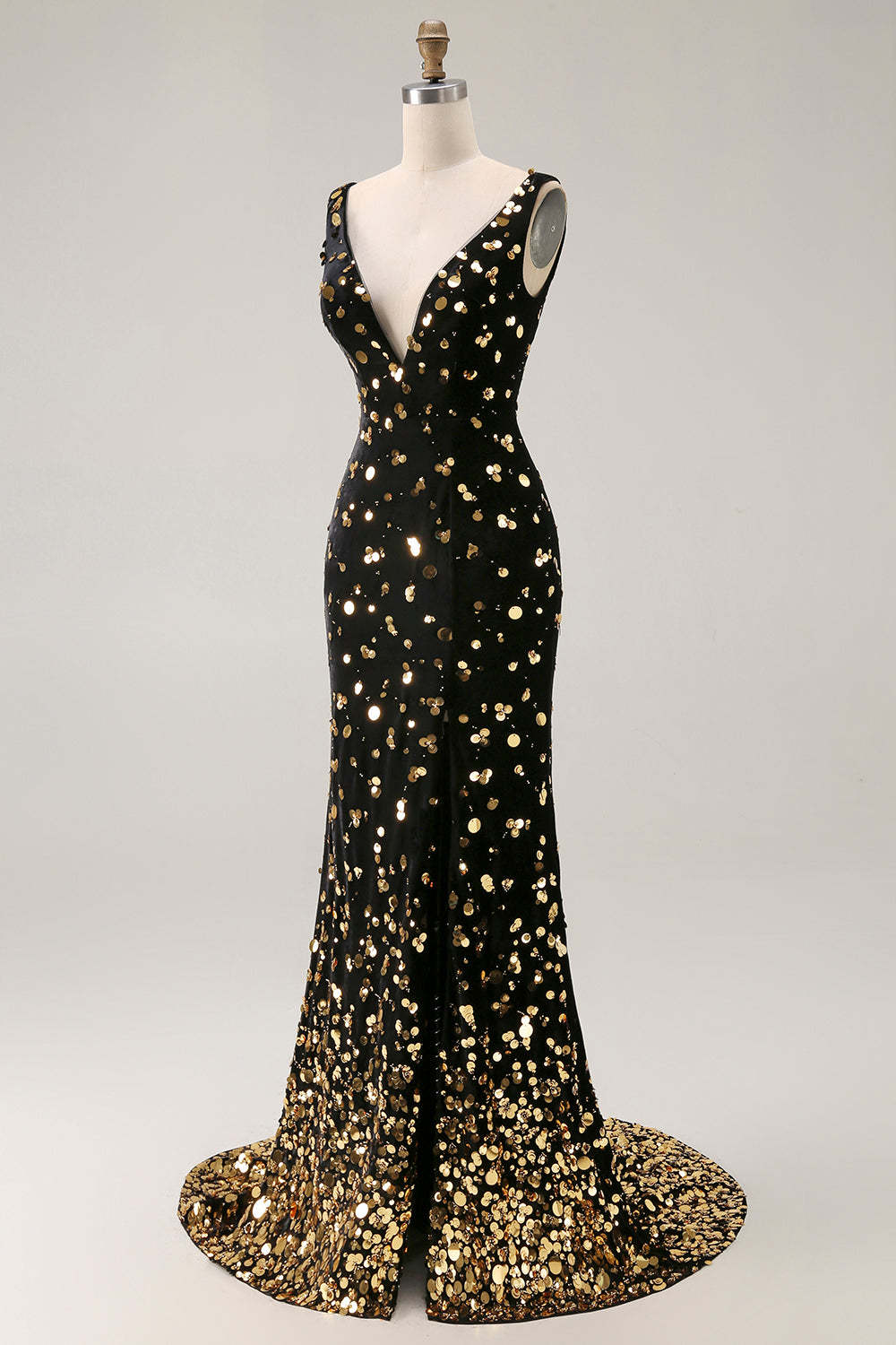 Sparkly Black Golden Mermaid V Neck Long Beaded Prom Dress