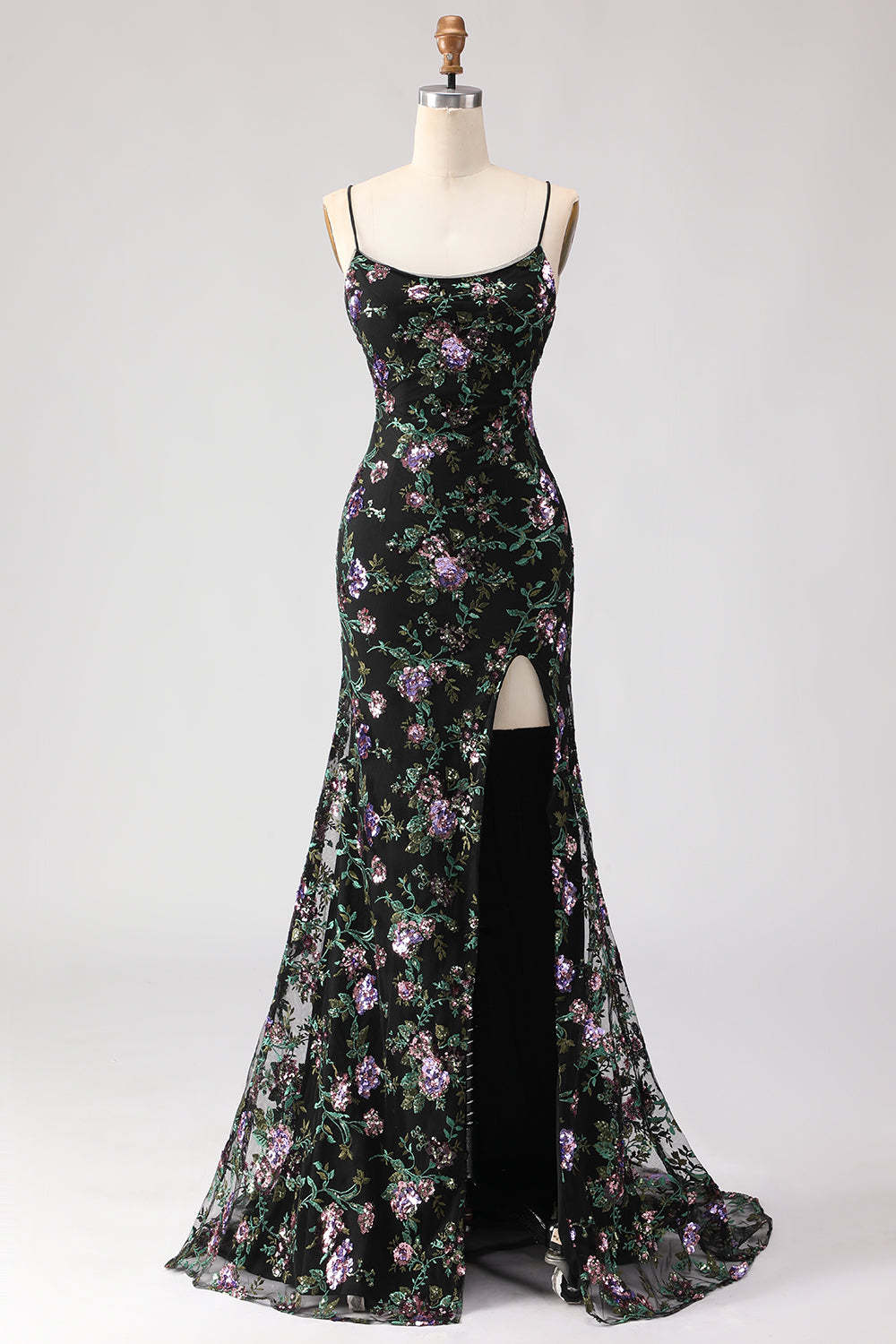 Sparkly Black and Purple Sequined Mermaid Floral Long Prom Dress with Slit