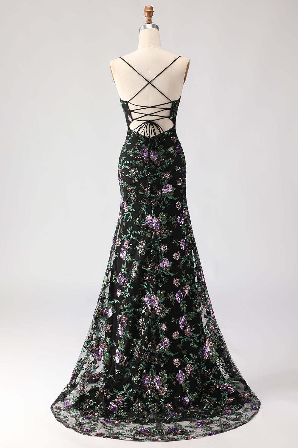 Sparkly Black and Purple Sequined Mermaid Floral Long Prom Dress with Slit