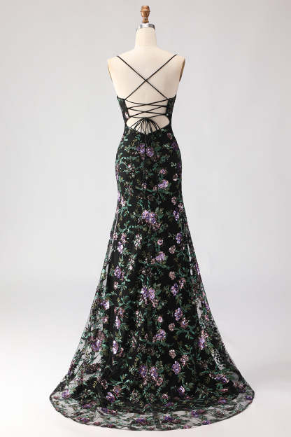 Sparkly Black and Purple Sequined Mermaid Floral Long Prom Dress with Slit