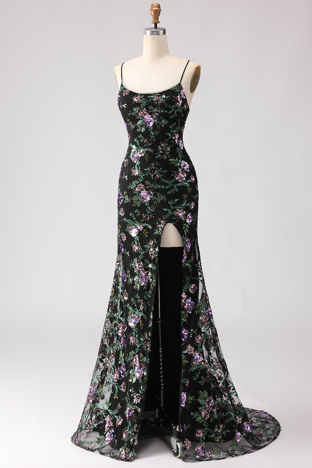 Sparkly Black and Purple Sequined Mermaid Floral Long Prom Dress with Slit