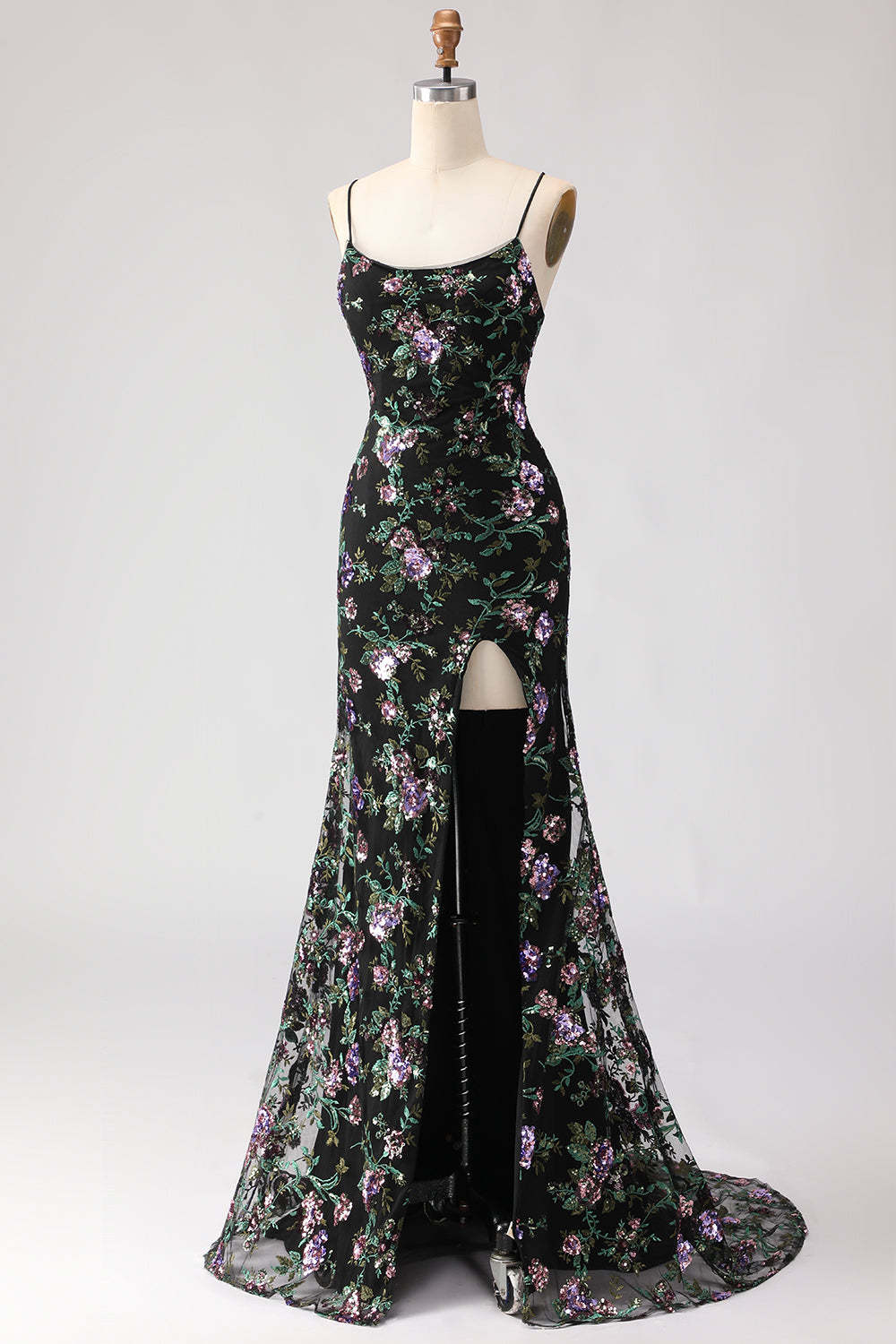 Sparkly Black and Purple Sequined Mermaid Floral Long Prom Dress with Slit