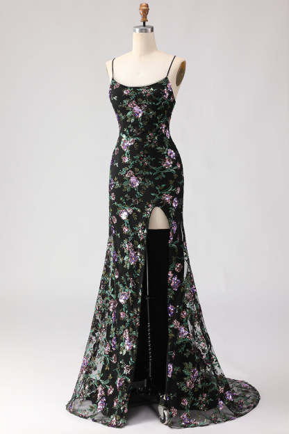 Sparkly Black and Purple Sequined Mermaid Floral Long Prom Dress with Slit