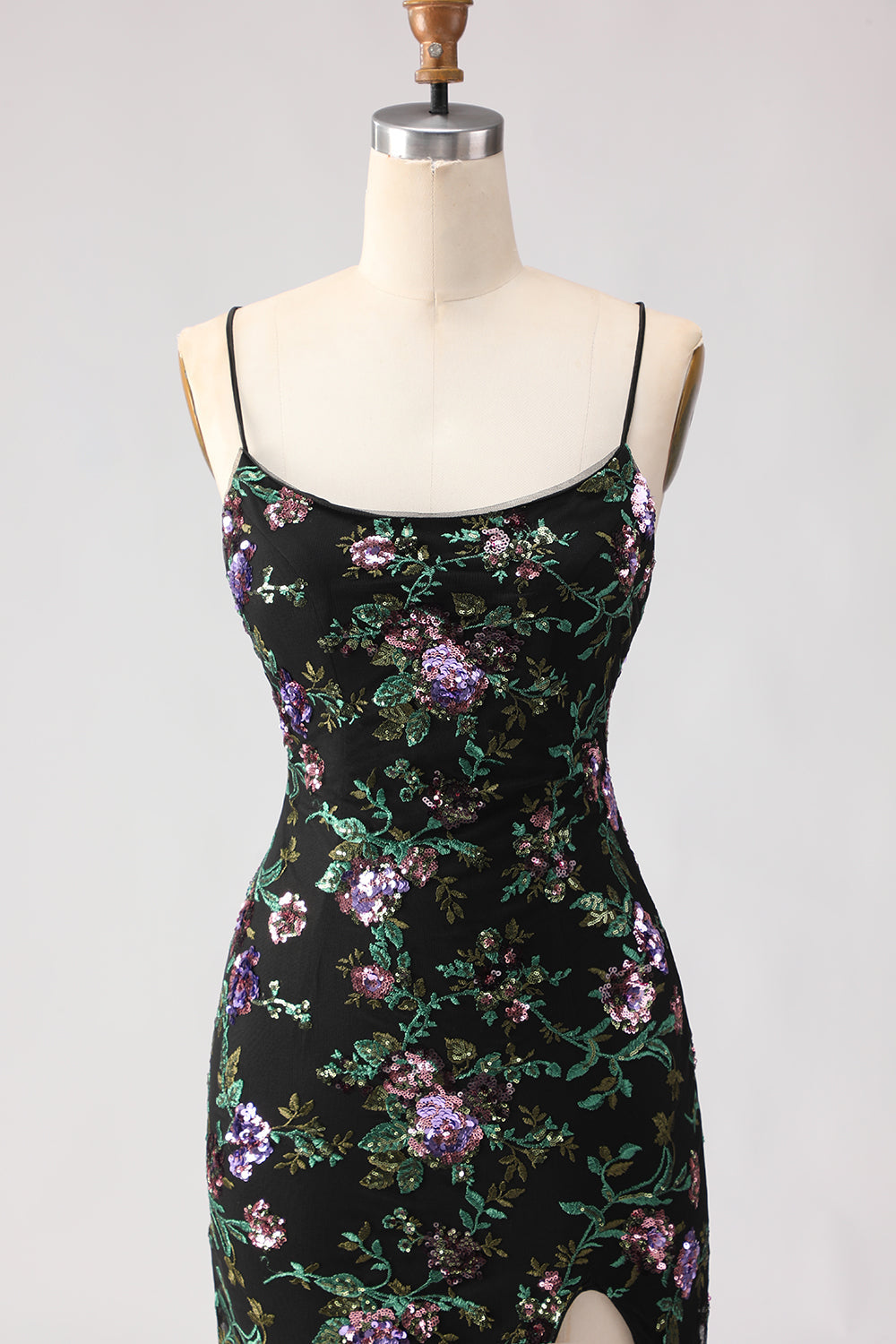 Sparkly Black and Purple Sequined Mermaid Floral Long Prom Dress with Slit