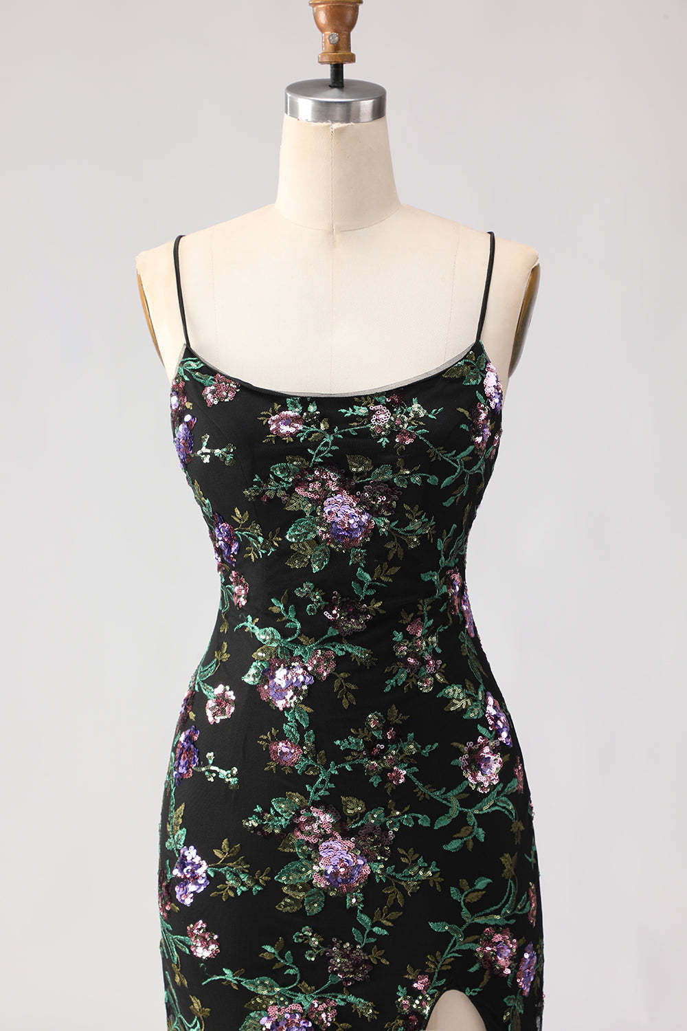 Sparkly Black and Purple Sequined Mermaid Floral Long Prom Dress with Slit