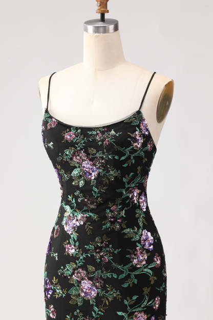 Sparkly Black and Purple Sequined Mermaid Floral Long Prom Dress with Slit
