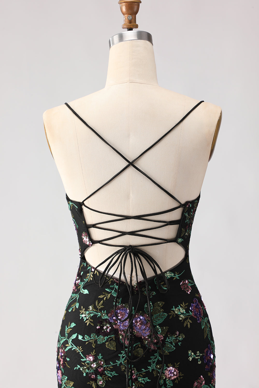 Sparkly Black and Purple Sequined Mermaid Floral Long Prom Dress with Slit