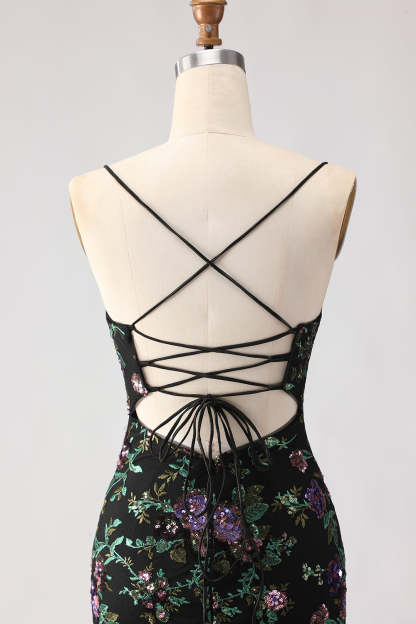 Sparkly Black and Purple Sequined Mermaid Floral Long Prom Dress with Slit