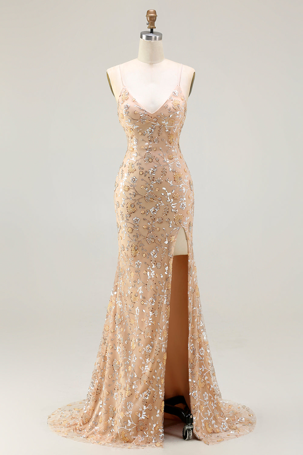 Sparkly Floral Purple Spaghetti Straps Mermaid Long Prom Dress with Slit