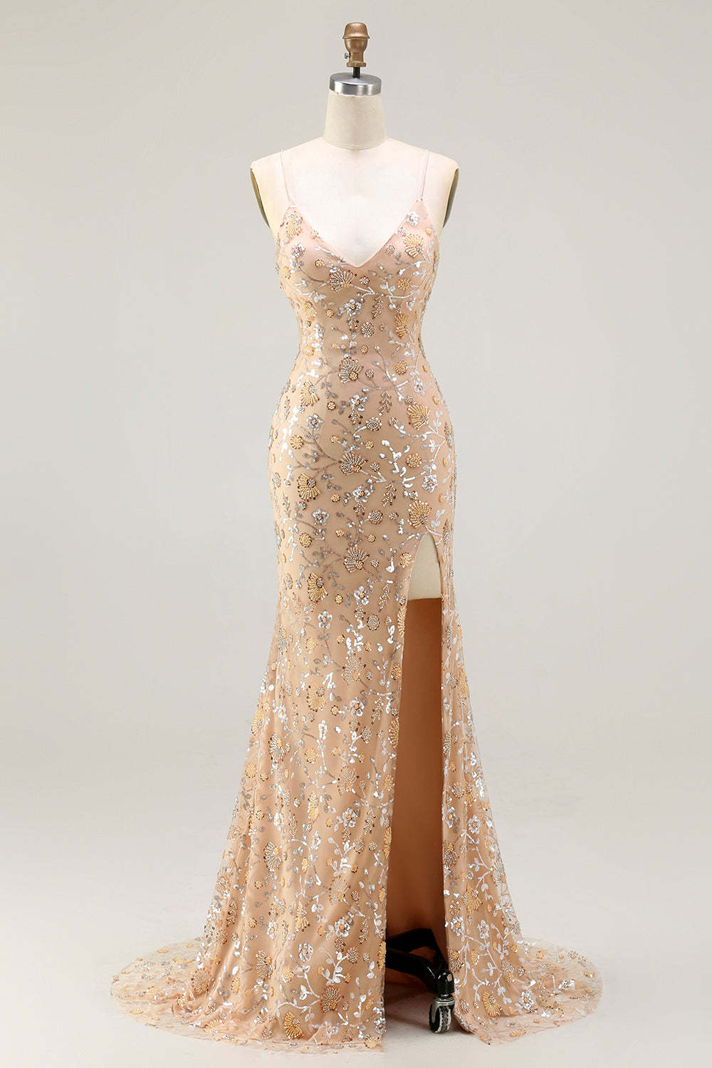 Sparkly Floral Purple Spaghetti Straps Mermaid Long Prom Dress with Slit