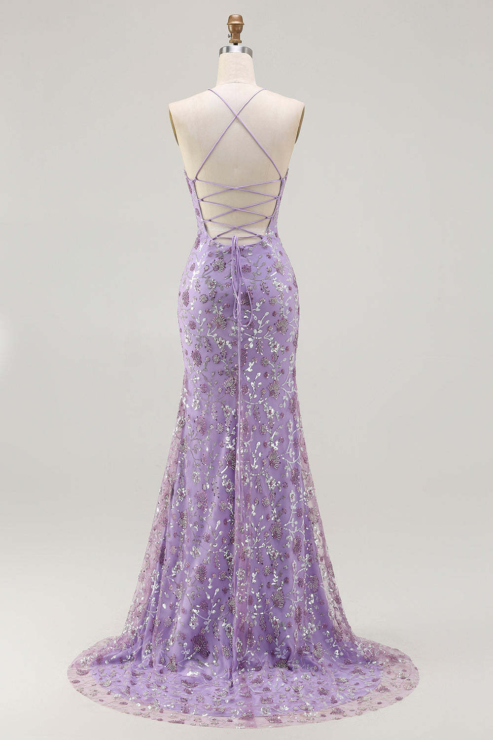 Sparkly Floral Purple Spaghetti Straps Mermaid Long Prom Dress with Slit