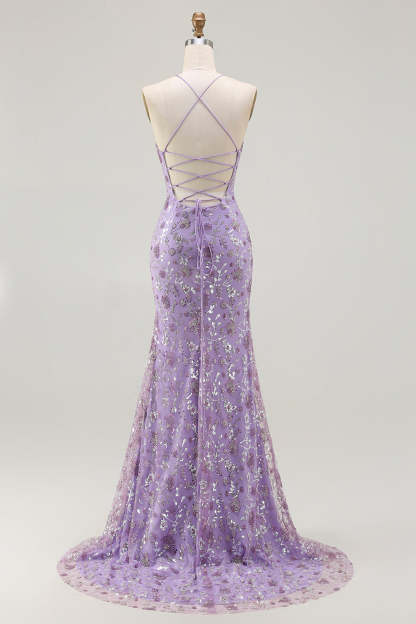 Sparkly Floral Purple Spaghetti Straps Mermaid Long Prom Dress with Slit