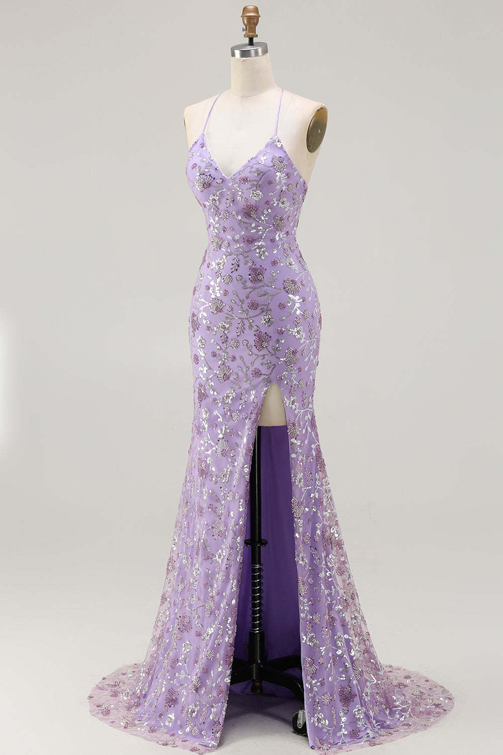 Sparkly Floral Purple Spaghetti Straps Mermaid Long Prom Dress with Slit