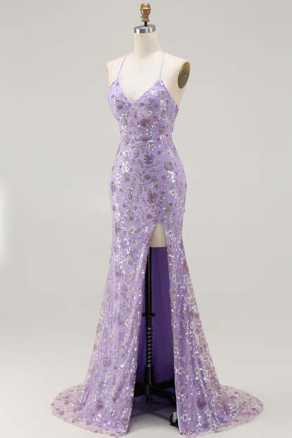 Sparkly Floral Purple Spaghetti Straps Mermaid Long Prom Dress with Slit