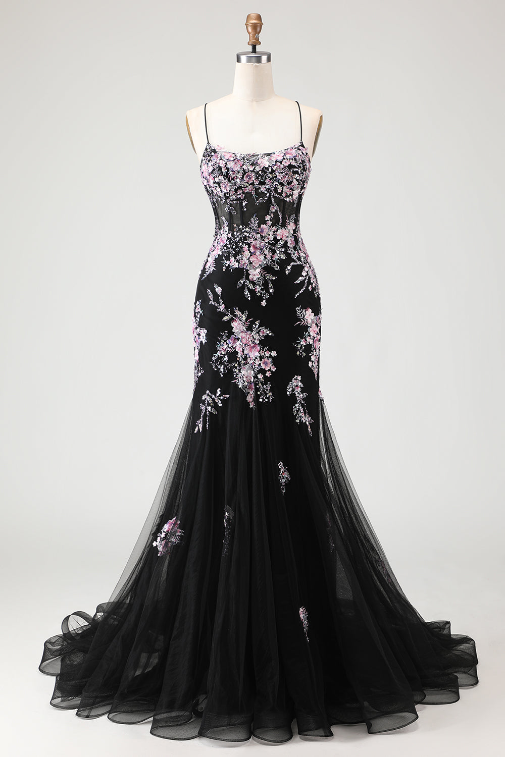Sparkly Beaded Black and Pink Floral Mermaid Long Corset Prom Dress
