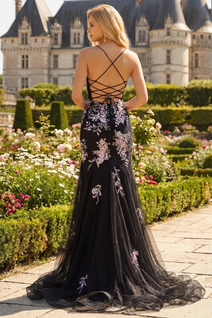 Sparkly Beaded Black and Pink Floral Mermaid Long Corset Prom Dress
