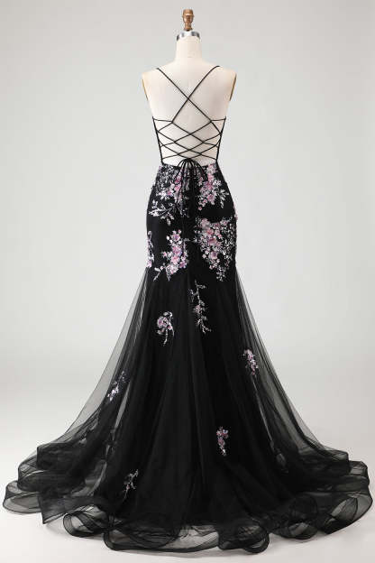 Sparkly Beaded Black and Pink Floral Mermaid Long Corset Prom Dress