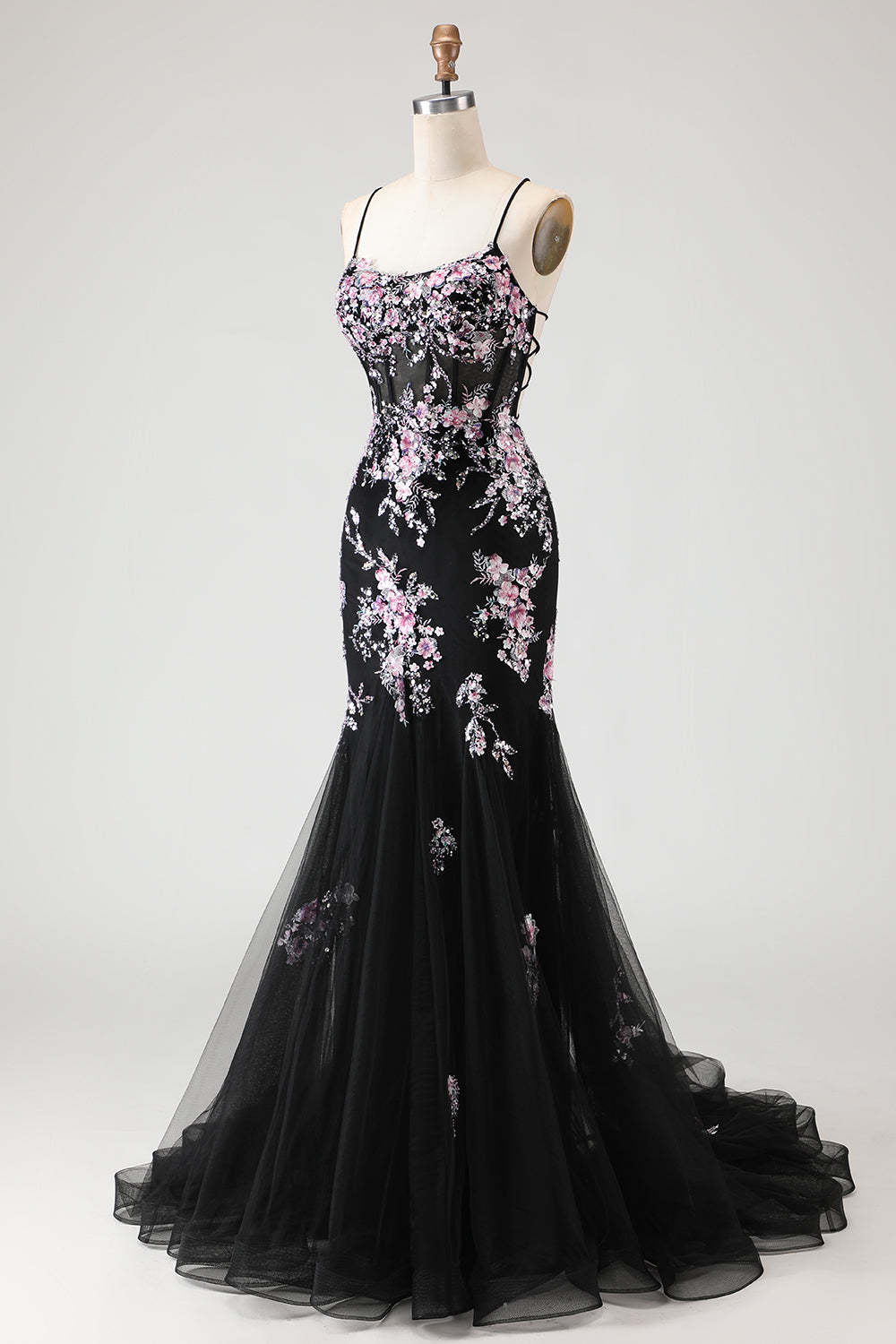 Sparkly Beaded Black and Pink Floral Mermaid Long Corset Prom Dress