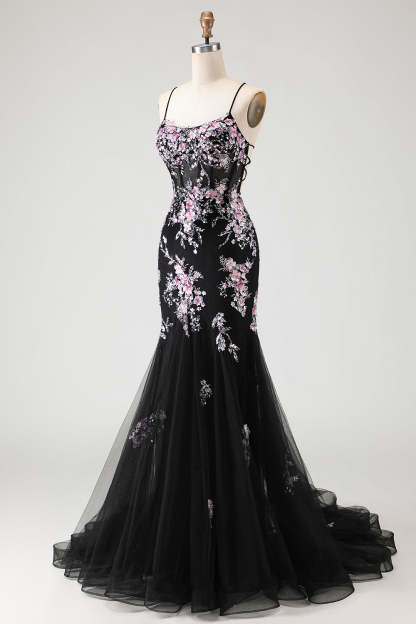 Sparkly Beaded Black and Pink Floral Mermaid Long Corset Prom Dress