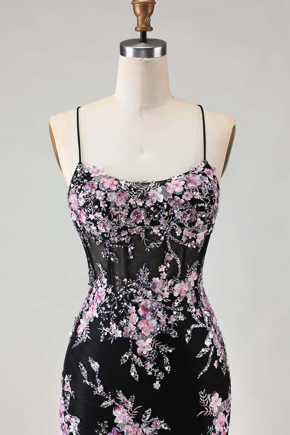 Sparkly Beaded Black and Pink Floral Mermaid Long Corset Prom Dress