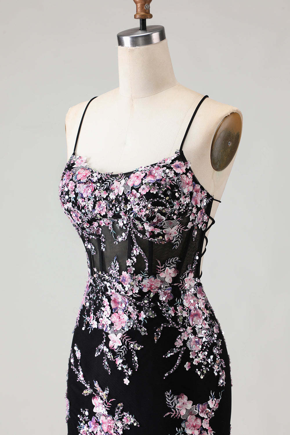 Sparkly Beaded Black and Pink Floral Mermaid Long Corset Prom Dress