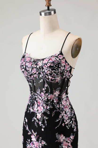 Sparkly Beaded Black and Pink Floral Mermaid Long Corset Prom Dress