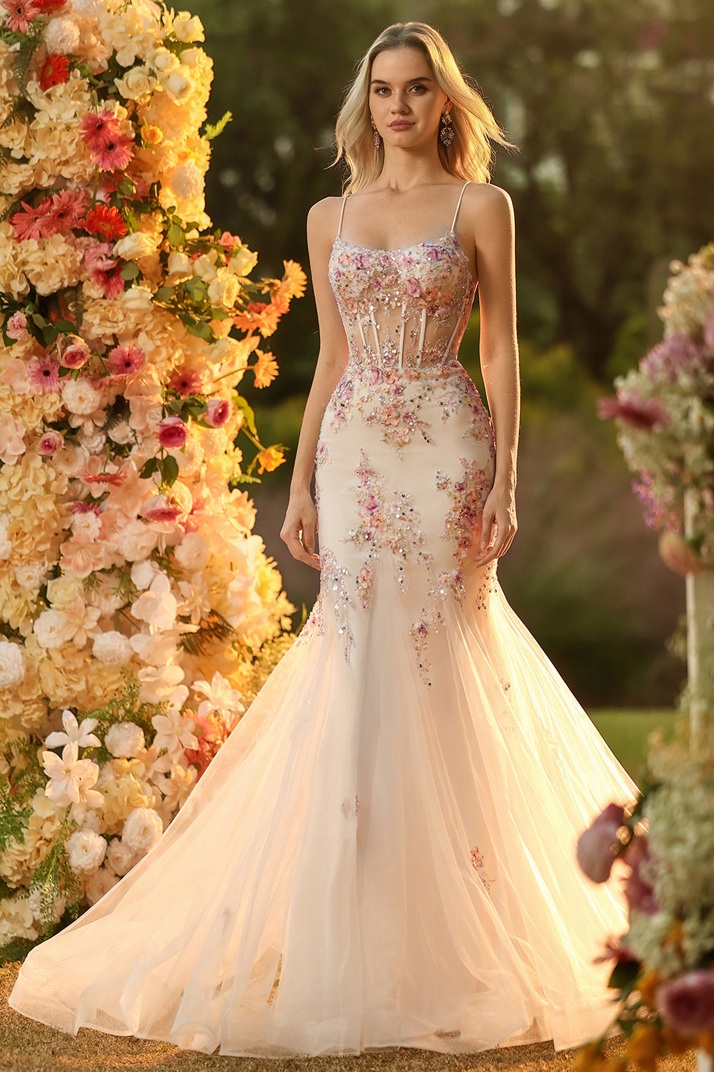 Leely Women Sparkly White Pink Flower Corset Long Prom Dress with Appliques Spaghetti Straps Mermaid Pageant Dress with Sequin