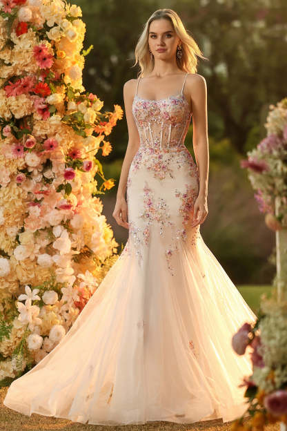 Leely Women Sparkly White Pink Flower Corset Long Prom Dress with Appliques Spaghetti Straps Mermaid Pageant Dress with Sequin