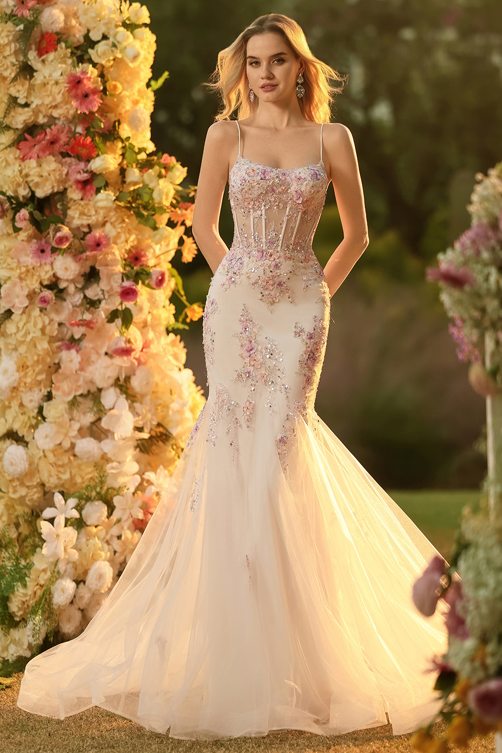 White Pink Flower Corset Spaghetti Straps Long Prom Dress with Appliques