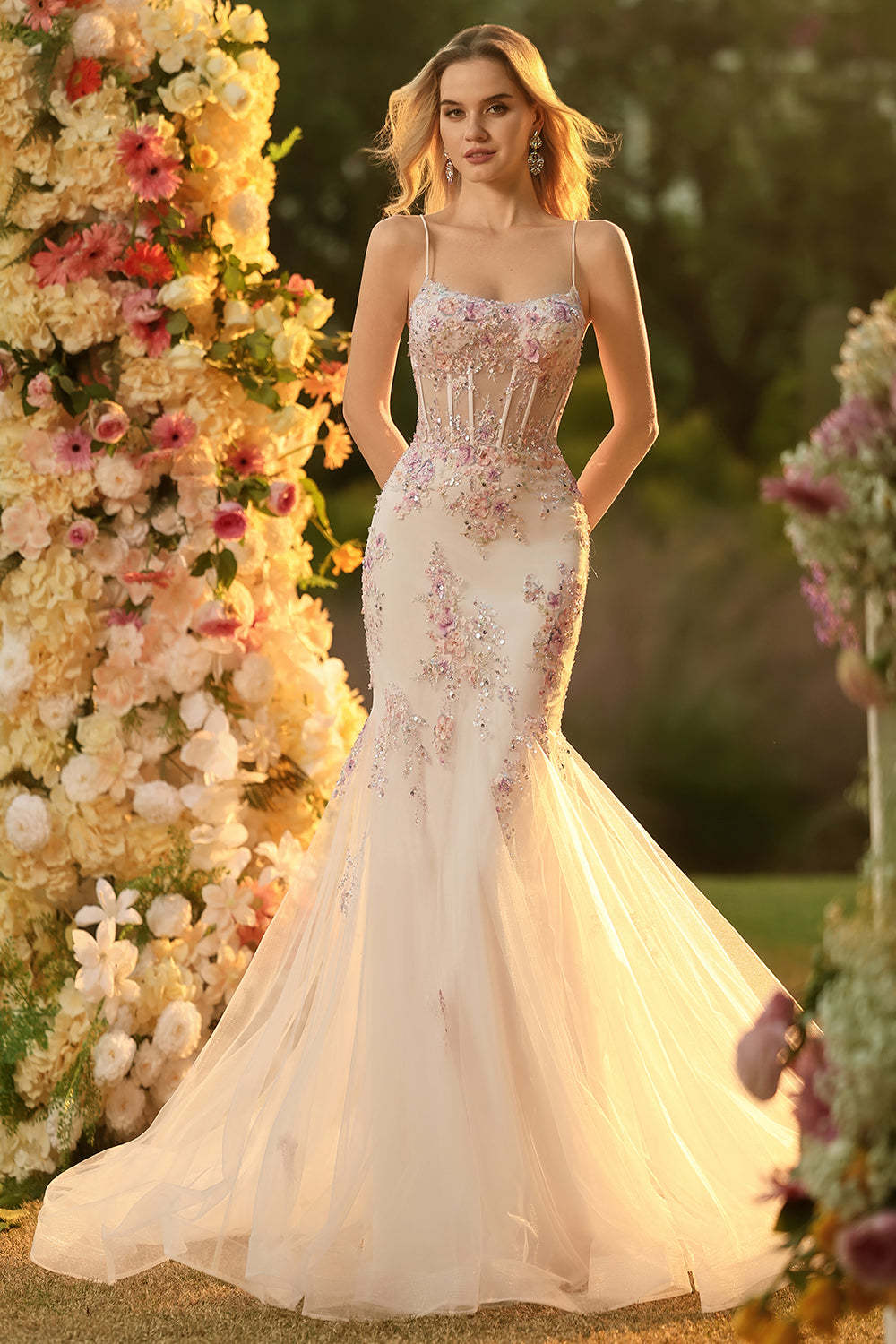 White Pink Flower Corset Spaghetti Straps Long Prom Dress with Appliques