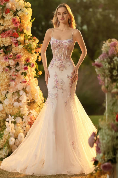 White Pink Flower Corset Spaghetti Straps Long Prom Dress with Appliques