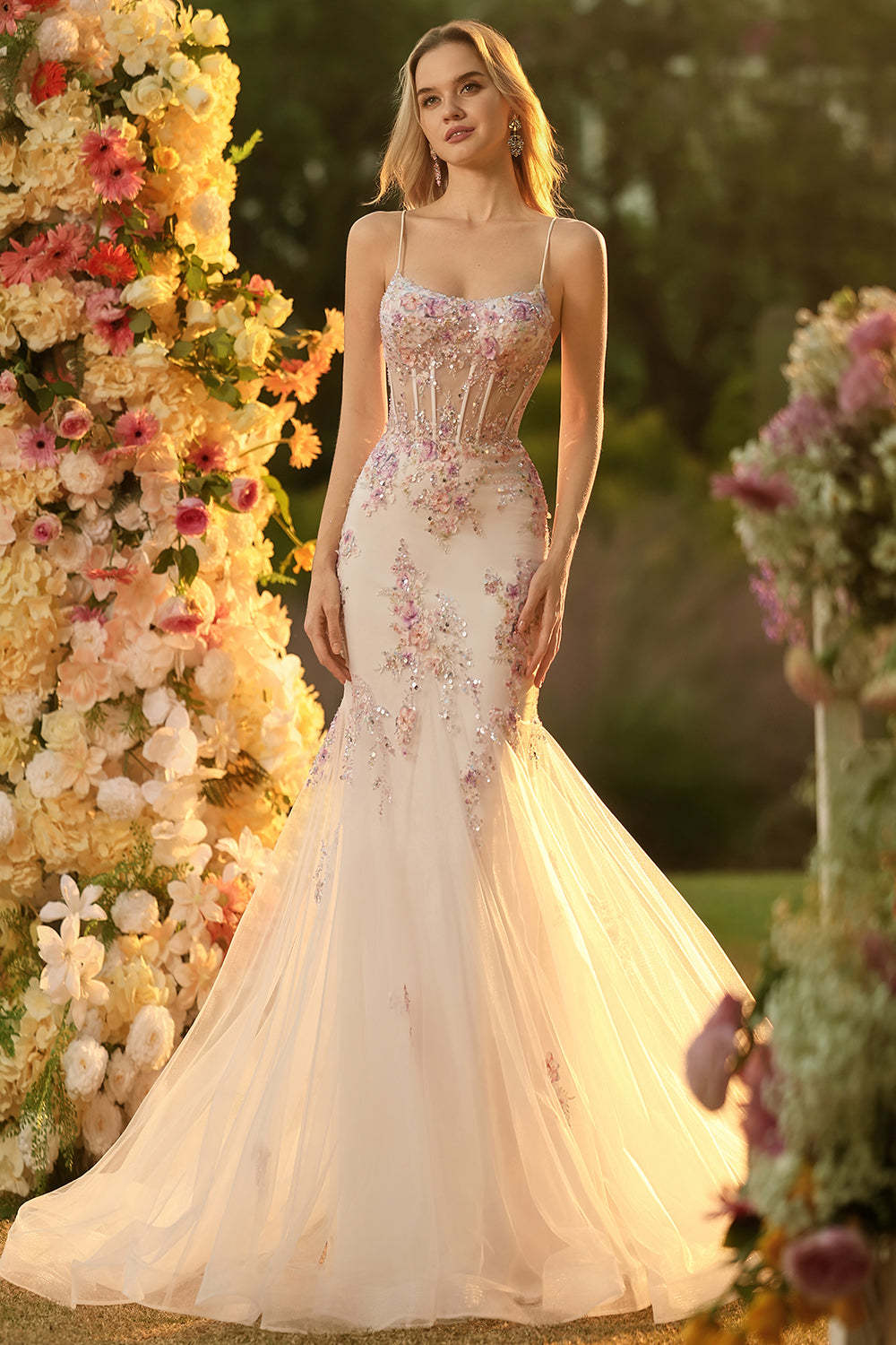 White Pink Flower Corset Spaghetti Straps Long Prom Dress with Appliques