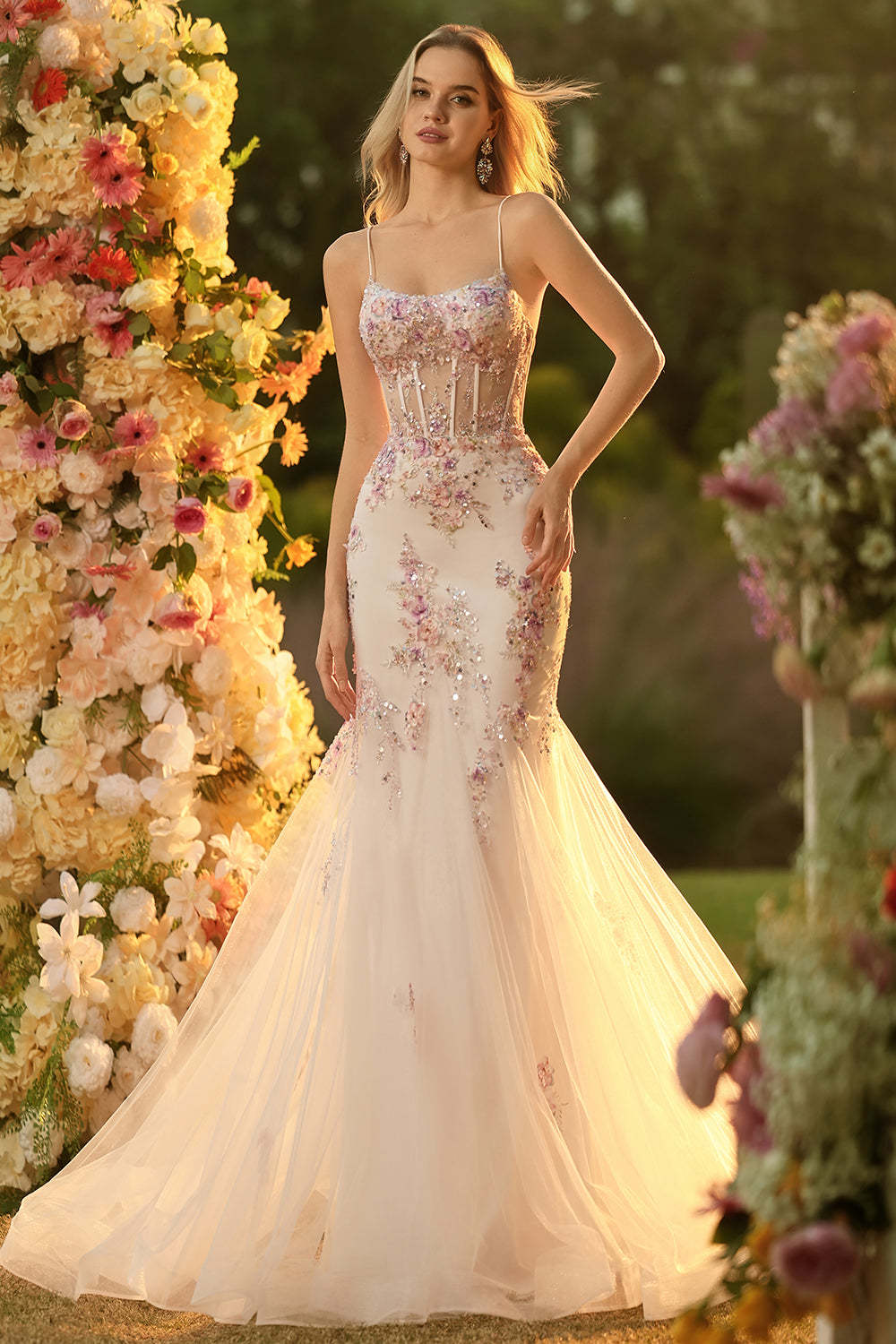 White Pink Flower Corset Spaghetti Straps Long Prom Dress with Appliques