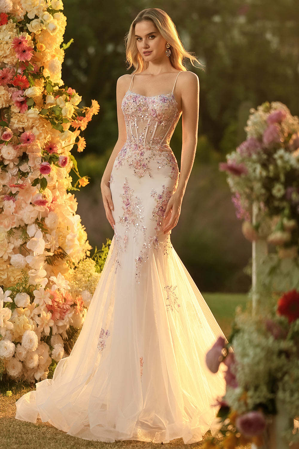 White Pink Flower Corset Spaghetti Straps Long Prom Dress with Appliques