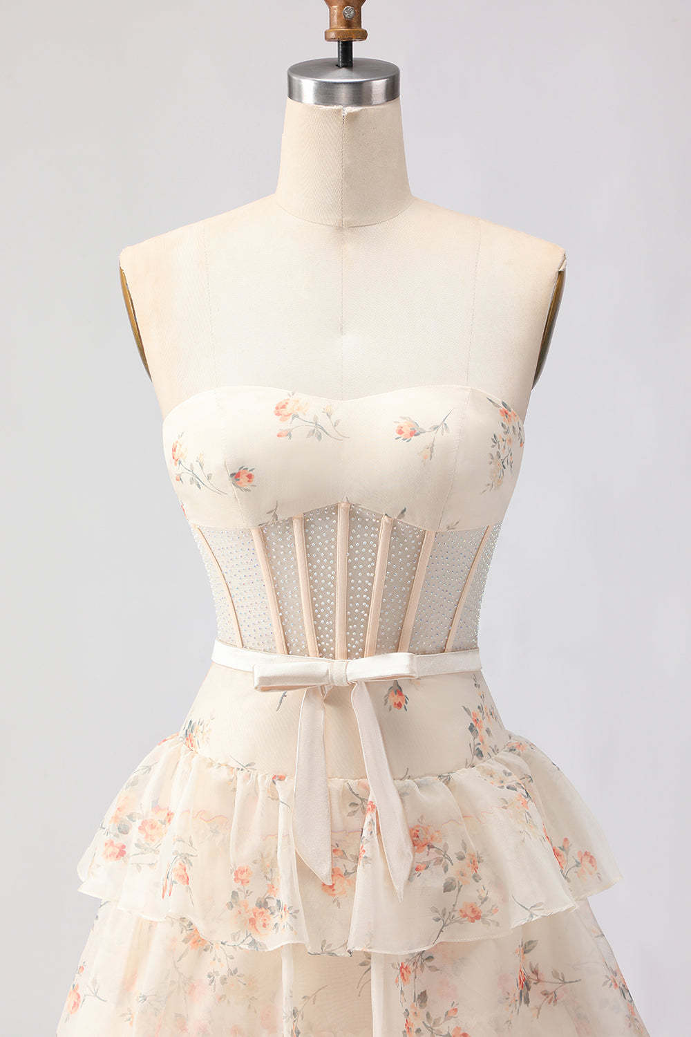 Floral Champange and Orange Ruffled Princess Maxi Corset Prom Dress with Bow