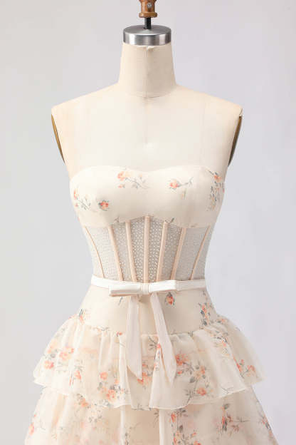 Floral Champange and Orange Ruffled Princess Maxi Corset Prom Dress with Bow