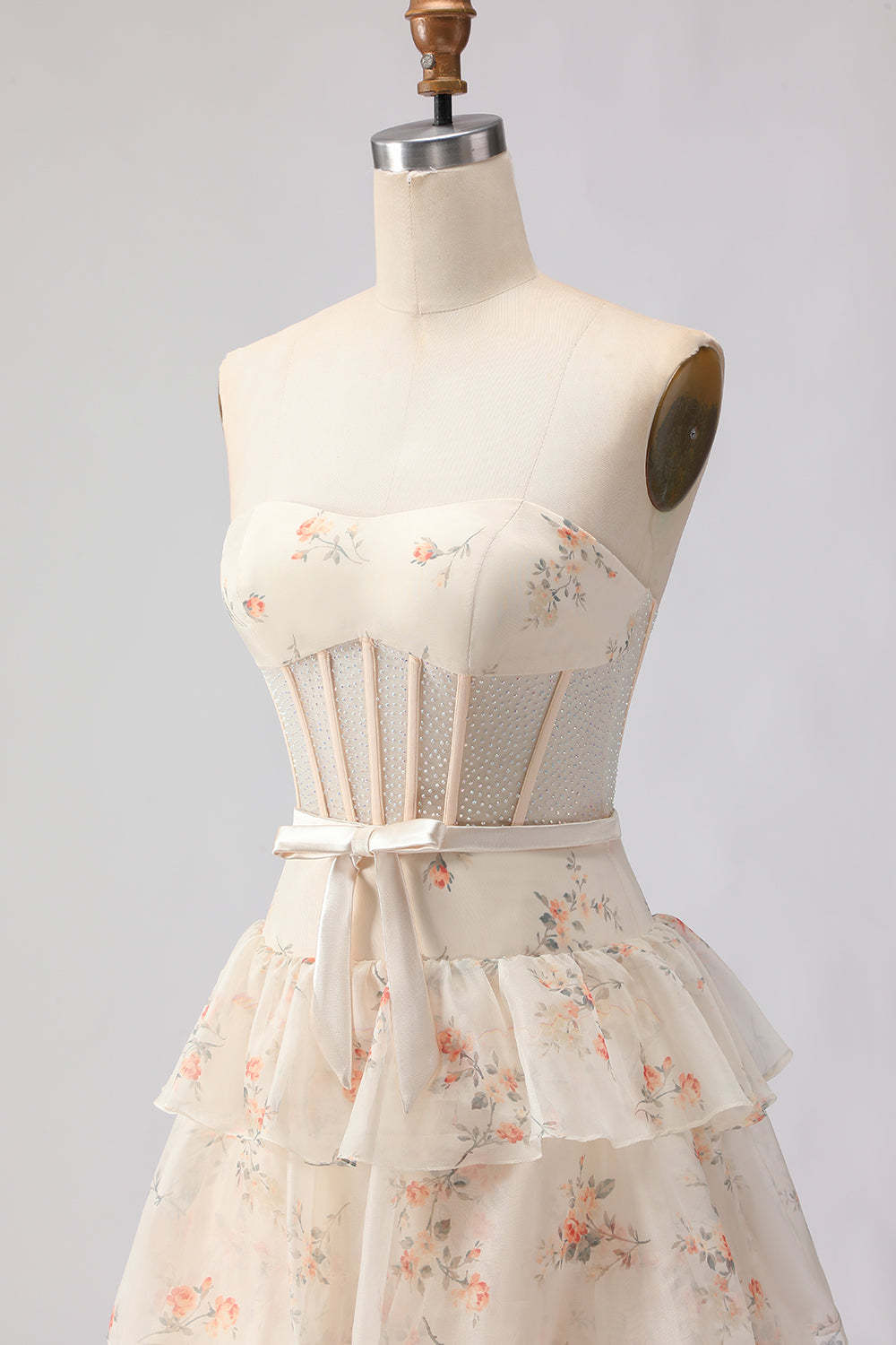 Floral Champange and Orange Ruffled Princess Maxi Corset Prom Dress with Bow