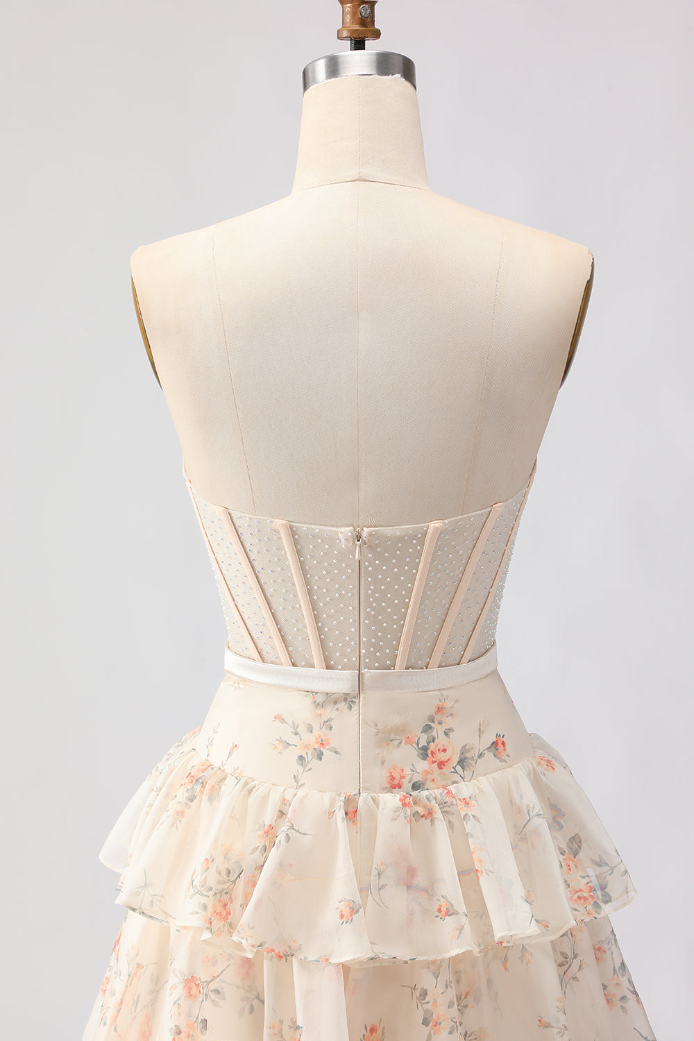 Floral Champange and Orange Ruffled Princess Maxi Corset Prom Dress with Bow