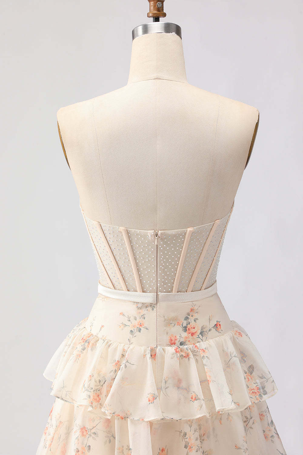 Floral Champange and Orange Ruffled Princess Maxi Corset Prom Dress with Bow