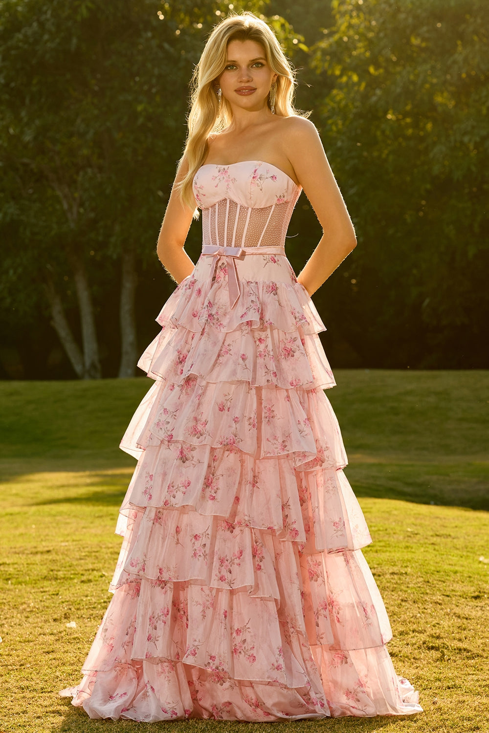 Floral Pink and Red Tiered Maxi Corset Prom Dress with Bow