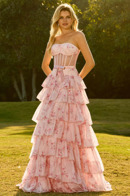 Floral Pink and Red Tiered Maxi Corset Prom Dress with Bow