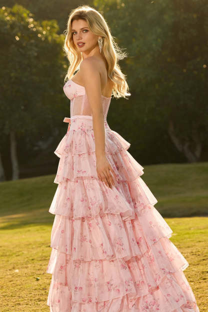 Floral Pink and Red Tiered Maxi Corset Prom Dress with Bow