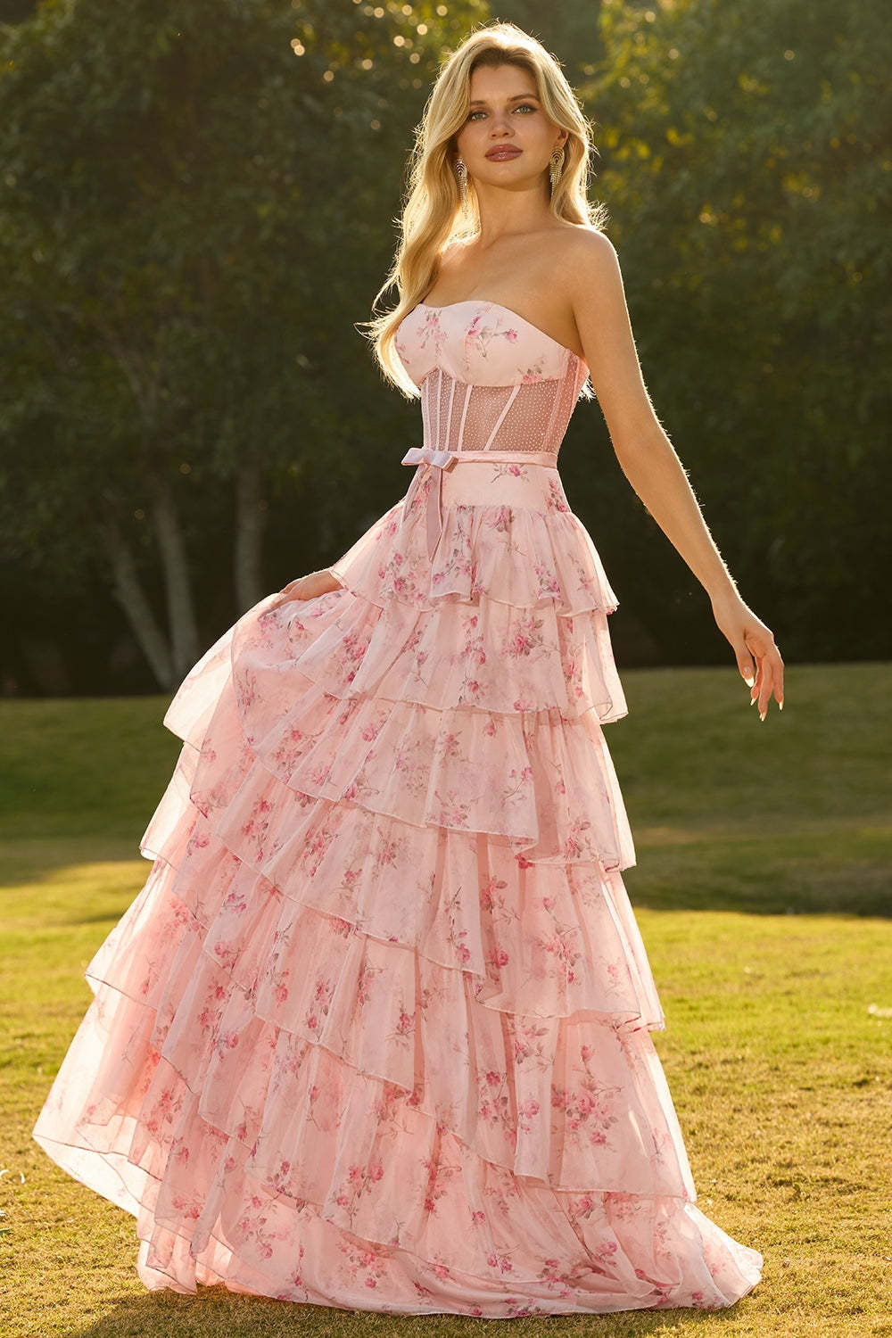 Floral Pink and Red Tiered Maxi Corset Prom Dress with Bow