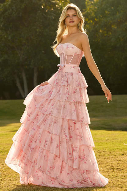 Floral Pink and Red Tiered Maxi Corset Prom Dress with Bow
