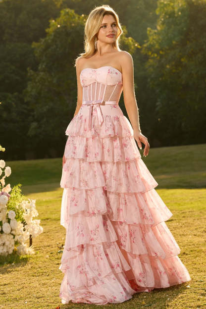 Floral Pink and Red Tiered Maxi Corset Prom Dress with Bow
