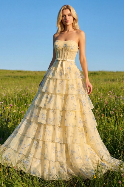 Floral Yellow and Blue Ruffled Strapless Maxi Corset Prom Dress